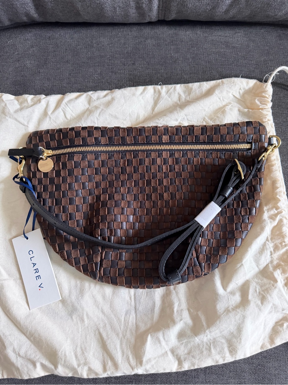 Clare V. Grande Woven Leather Belt Bag in Black/ Chocolate NWT